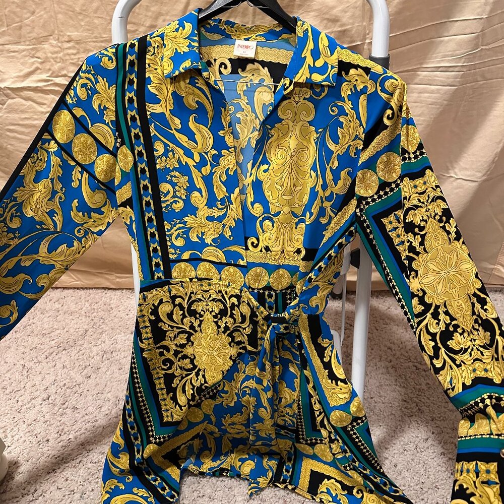 Blue/Yellow/Black mini dress with long sleeves wraps with a tie in middle front